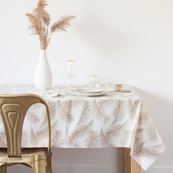 Toalha de mesa de algodão plastificado com estampado de penas 140x250