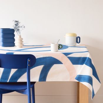 SOUAM - Toalha de mesa em algodão biológico branco com motivo de ondulações tricolores 150x250
