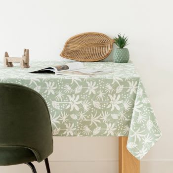 CLEOPATRE - Toalha de mesa em algodão revestido com estampado de palmeiras verde e cru 150X250