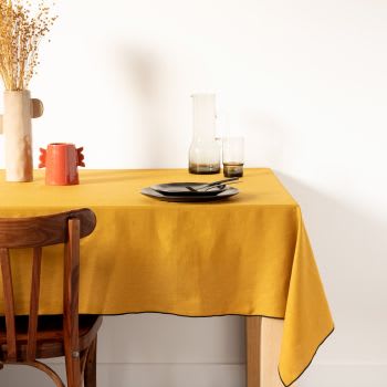 Toalha de mesa em linho lavado amarelo-ocre e preto 150x250