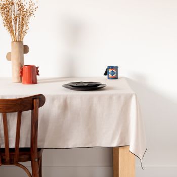 Toalha de mesa em linho lavado bege e preto 150x250