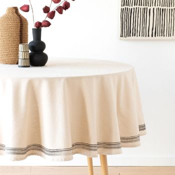 YULARA - Toalha de mesa redonda em algodão com estampado preto e bege D170