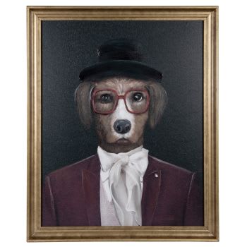 MAJASTRES - Toile imprimée et peinte chien habillé noir, marron, blanc et violet 49x60