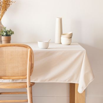 Antonia - Tovaglia in cotone biologico beige con bordi bianchi 150x250