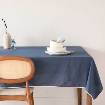 Antonia - Tovaglia in cotone biologico blu con bordi bianchi 150x250 cm