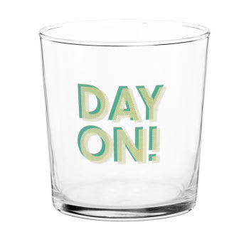 DAY ON - Set aus 6 - Trinkbecher aus Glas, transparent mit grüngelbem Schriftzug