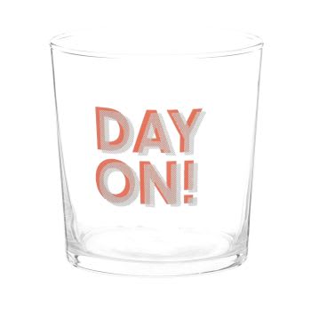 DAY OFF - Set aus 6 - Trinkbecher aus Glas, transparent mit korallenrotem Schriftzug