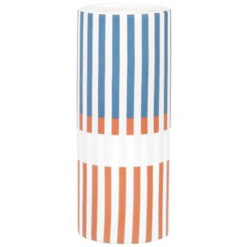 LIVIA - Vase aus Dolomit mit weißen, blauen und orangen Streifen, H18cm
