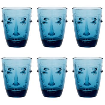TIKI - Lote de 6 - Vaso con motivo de rostro de cristal tintado azul