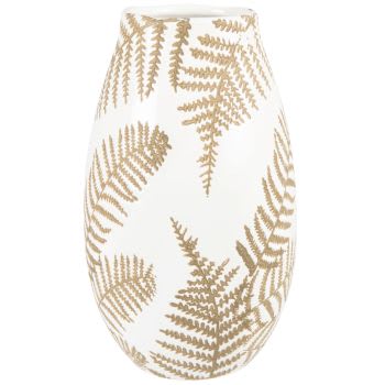 Vaso in gres bianco con motivi a foglie dorate alt. 24 cm
