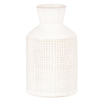 Vaso in gres bianco con motivo quadrettato beige alt. 13 cm