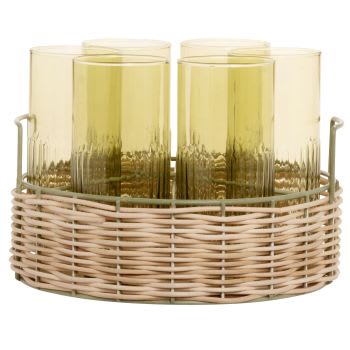 SOLLIES - Vasos altos de cristal tintado verde salvia (x6) y cesta de ratán