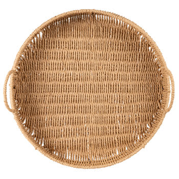 Vassoio Rotondo In Rattan Con Maniglie - Vassoio Decorativo In Vimini Naturale Per Servire O Arredare, Bianco