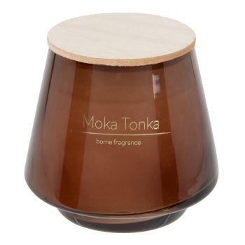 Vela perfumada en tarro de cristal marrón con tapa de madera beige 410g