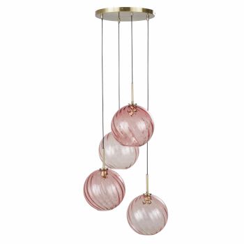 Vergulde metalen hanglamp met vier roze getinte glazen bollen