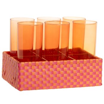 Vidros tingidos (x6) e cesto entrançado rosa-fúcsia e laranja