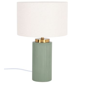 Vigo - Goudkleurige en groene gestreepte keramische lamp met ecru gerecycled polyester