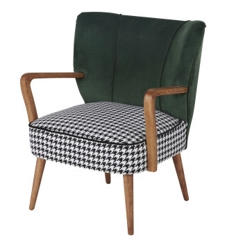 Meyer - Vintage-Sessel mit grünem Samtbezug und Hahnentrittmuster