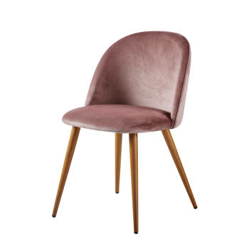 Mauricette - Vintage stoel uit oudroze fluweel en metaal met eikenhouteffect