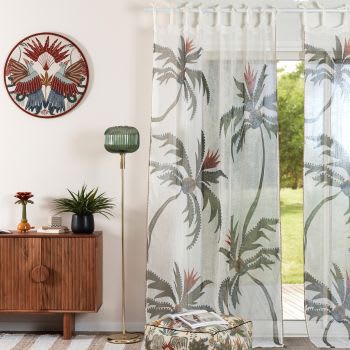 GANIM - Voilestore aus bedrucktem Leinen mit Palmenmotiv, weiß und tannengrün, 1 Vorhang, 140x250cm