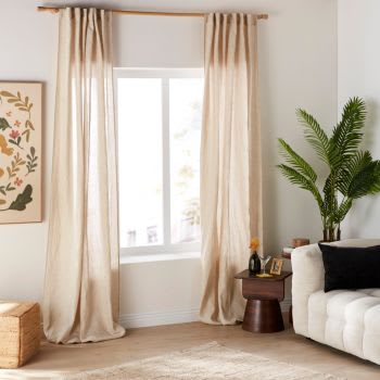 Vorhang mit Schlaufen aus gewebtem, gewaschenem Leinen, beige gestreift, 1 Vorhang, 130x300cm