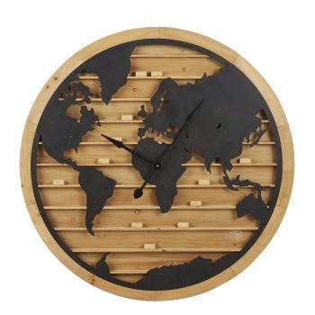 VINCIANNE - Wanduhr Weltkarte aus schwarzem Metall und Korkenhalter, D110cm