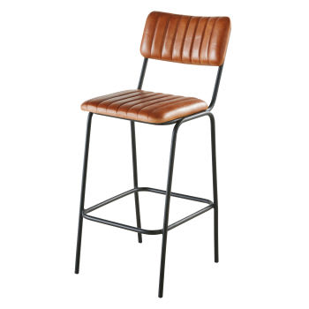 Wendell - Chaise de bar matelassée en cuir de buffle marron et métal noir H69