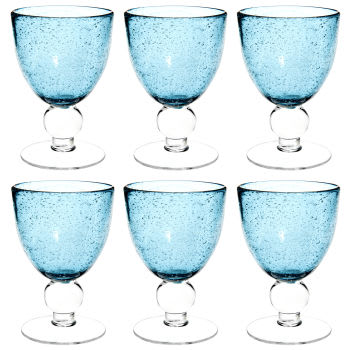Set van 6 - Wijnglas in blauw glas met luchtbellen