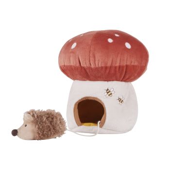 Wit, rood en bruin knuffelhuis met paddenstoel en egel