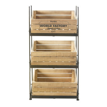 WORLD FACTORY - Estante para fruta com 3 caixas de madeira de pinho e abeto e metal preto efeito envelhecido