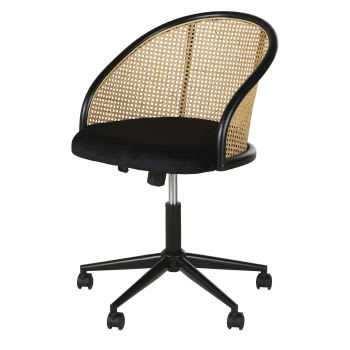 Sockette - Zwarte fluwelen bureaustoel met vlechtwerk van rotan en wieltjes