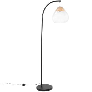 Zwarte metalen staande lamp met lampenkap van rubberhout en glas H160