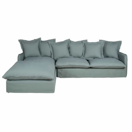 Divano letto angolare con penisola a sinistra posti in lino blu