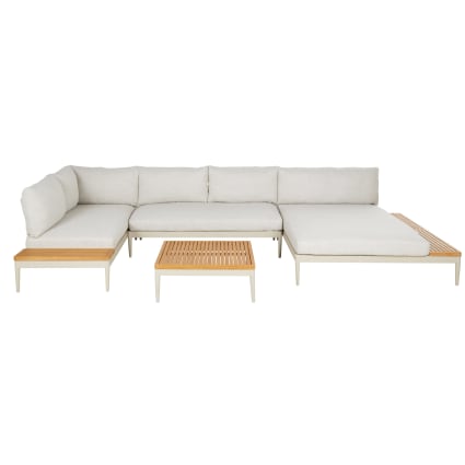 Gartenlounge mit Ecksofa für 6 Personen aus Teakholz und recyceltem Polyester, beige Paz