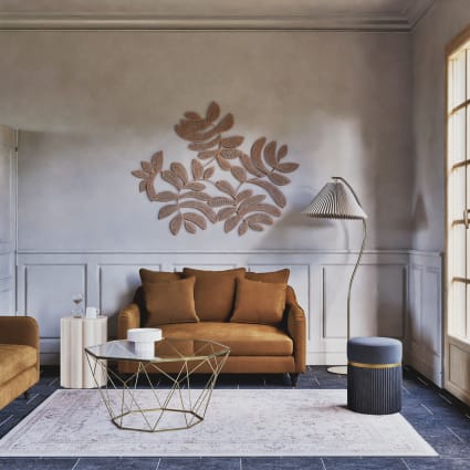 Lampada da terra in metallo dorato con paralume in tessuto