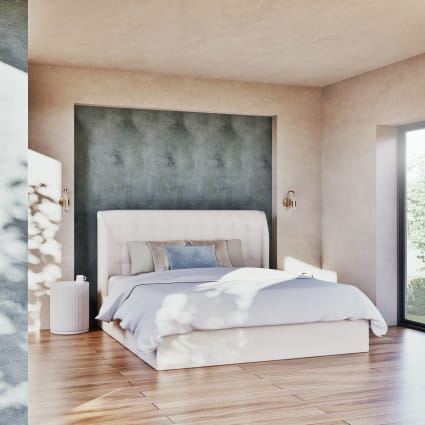 Letto imbottito con contenitore 180x200 cm beige con rete a doghe