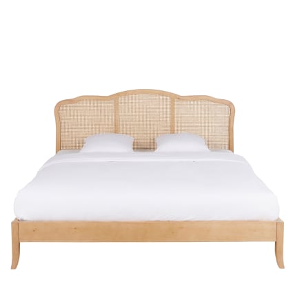 Letto matrimoniale in legno massello di betulla 160x200 con testata in  rattan incannucciato
