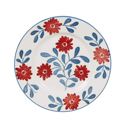Plato de postre de cerámica blanca con flores azul y rojo Louise
