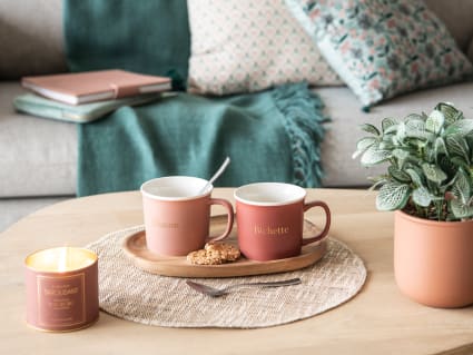 Porzellanbecher, rosa, bedruckt