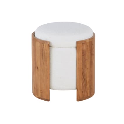 Pouf contenitore in tessuto bouclé bianco con struttura in legno di acacia