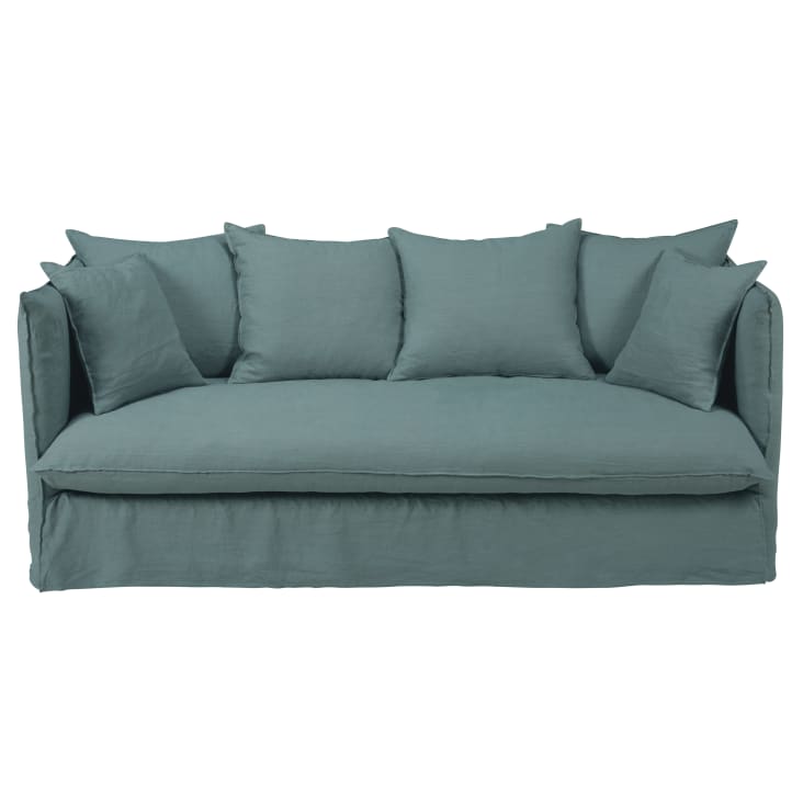 3/4-Sitzer-Schlafsofa mit seladonblauem Leinenbezug und Matratze 10 cm