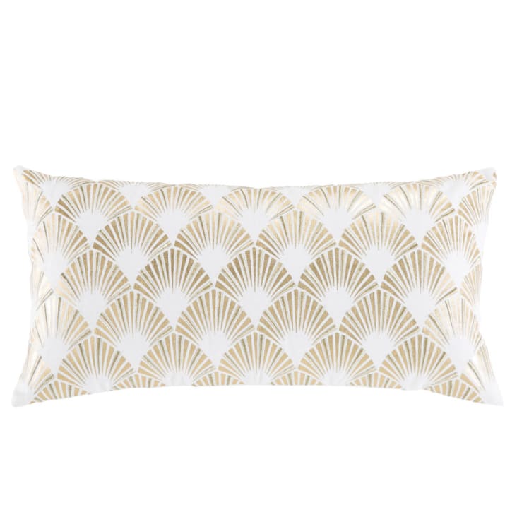 Almofada em algodão com motivos gráficos bordados e estampados em dourado 30x60
