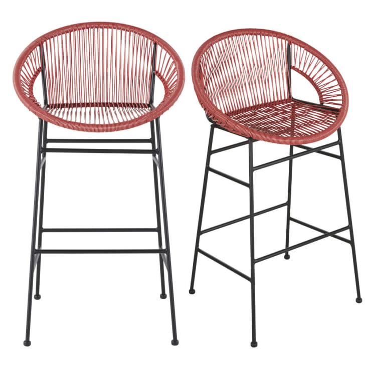 Barstühle für gewerbliche Nutzung aus terrakottafarbenem Kunstharz und schwarzem Metall, Set aus 2