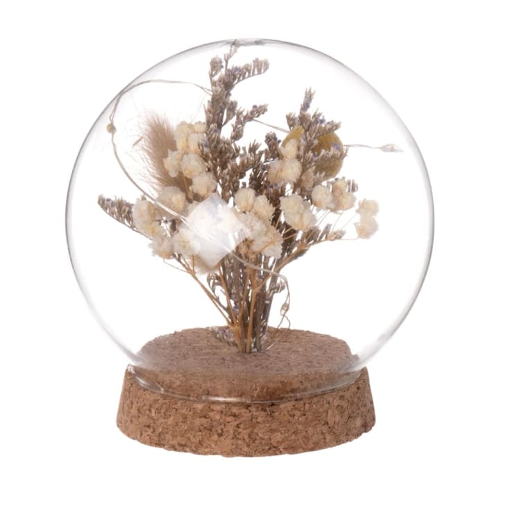 Bola luminosa de cristal con flores secas y soporte de corcho
