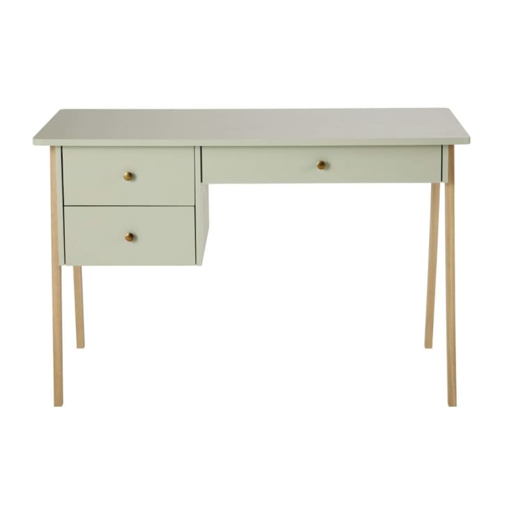 Bureau enfant 1 porte 2 tiroirs vert pieds en chêne Suzon