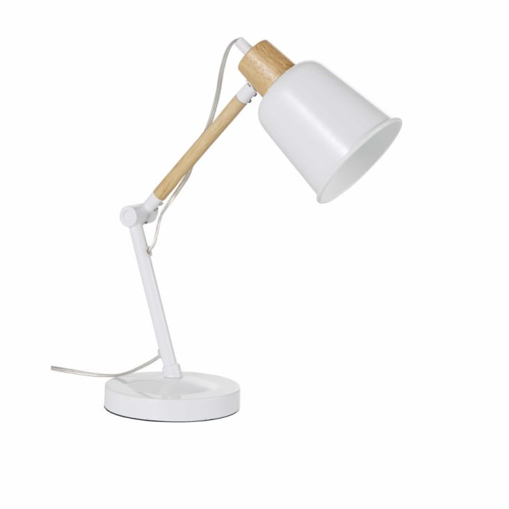 Bureaulamp van wit metaal en rubberhout