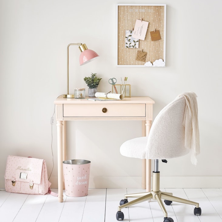 Mauricette - Cadeira de secretária em tecido bouclé branco e metal cor de latão com rodízios