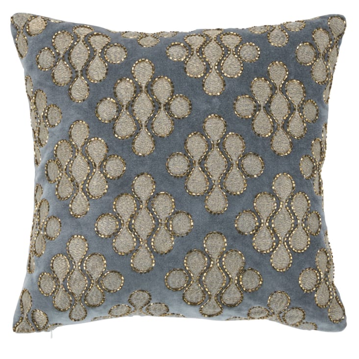 Cojín de terciopelo de algodón con motivo gris azulado y dorado con perlas 35  x 35 ALYS