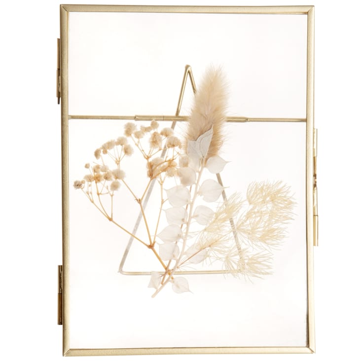 Cornice in vetro e metallo dorato con fiori essiccati 14x18 cm