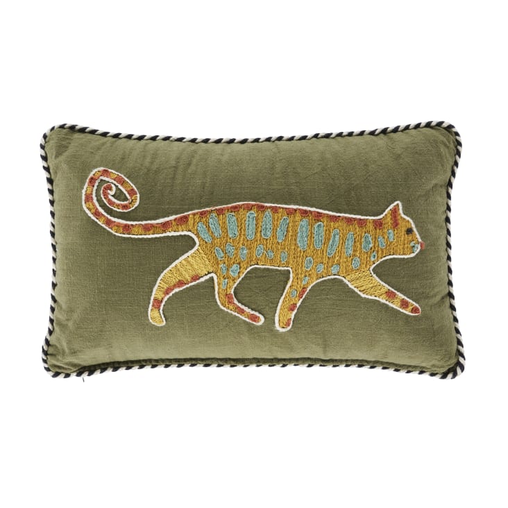 Cuscino in cotone biologico ricamato con motivo leopardo verde kaki e  giallo ocra 30x50 cm ESTEPA